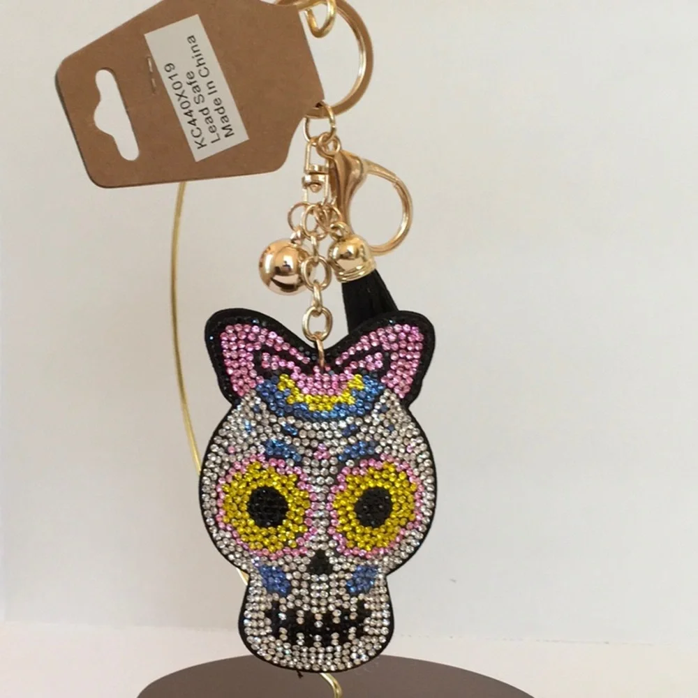 Halloween! Shiny Whimsical Girl Rhinestone Skull Keychain NWT